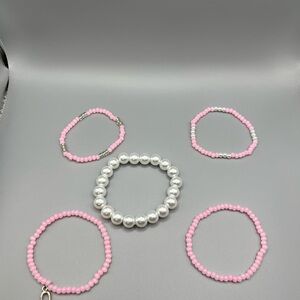🆕 Pink and Pearl Beaded Bracelet Set - Handmade #168